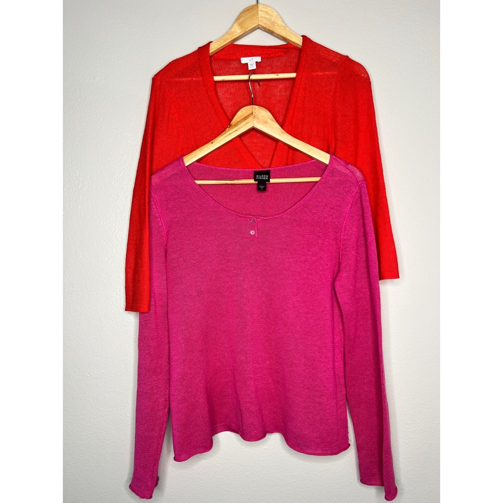 Eileen Fisher 100% Linen Pink Top & J Jill Red Cardigan Sweater Bundle Womens S